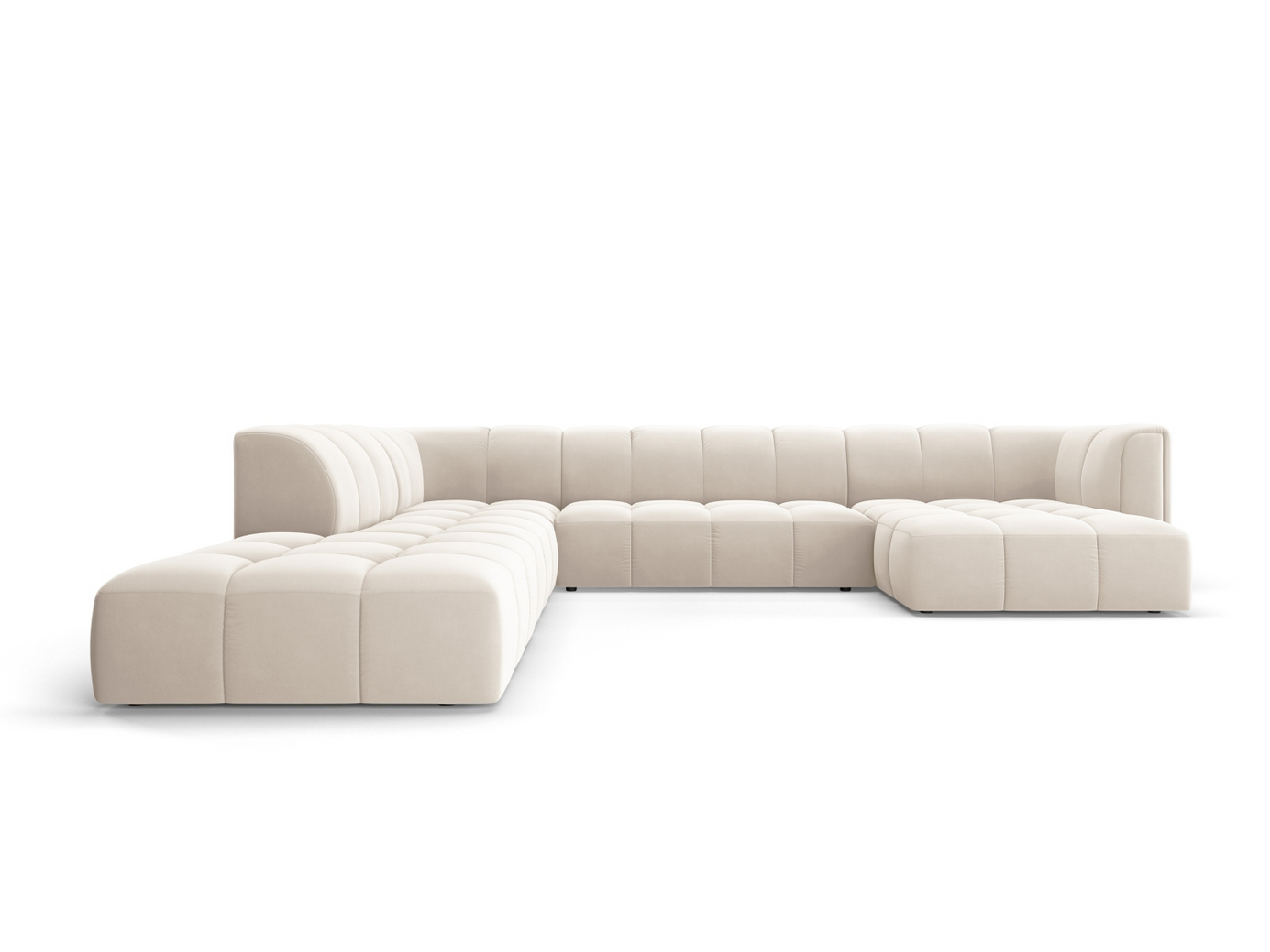 Cosmopolitan Design venstrevendt fløyelspanoramamodulhjørnesofa, "Moritz", 7-seter, 329 × 276 × 70 cm, Bluvel, svarte plastben