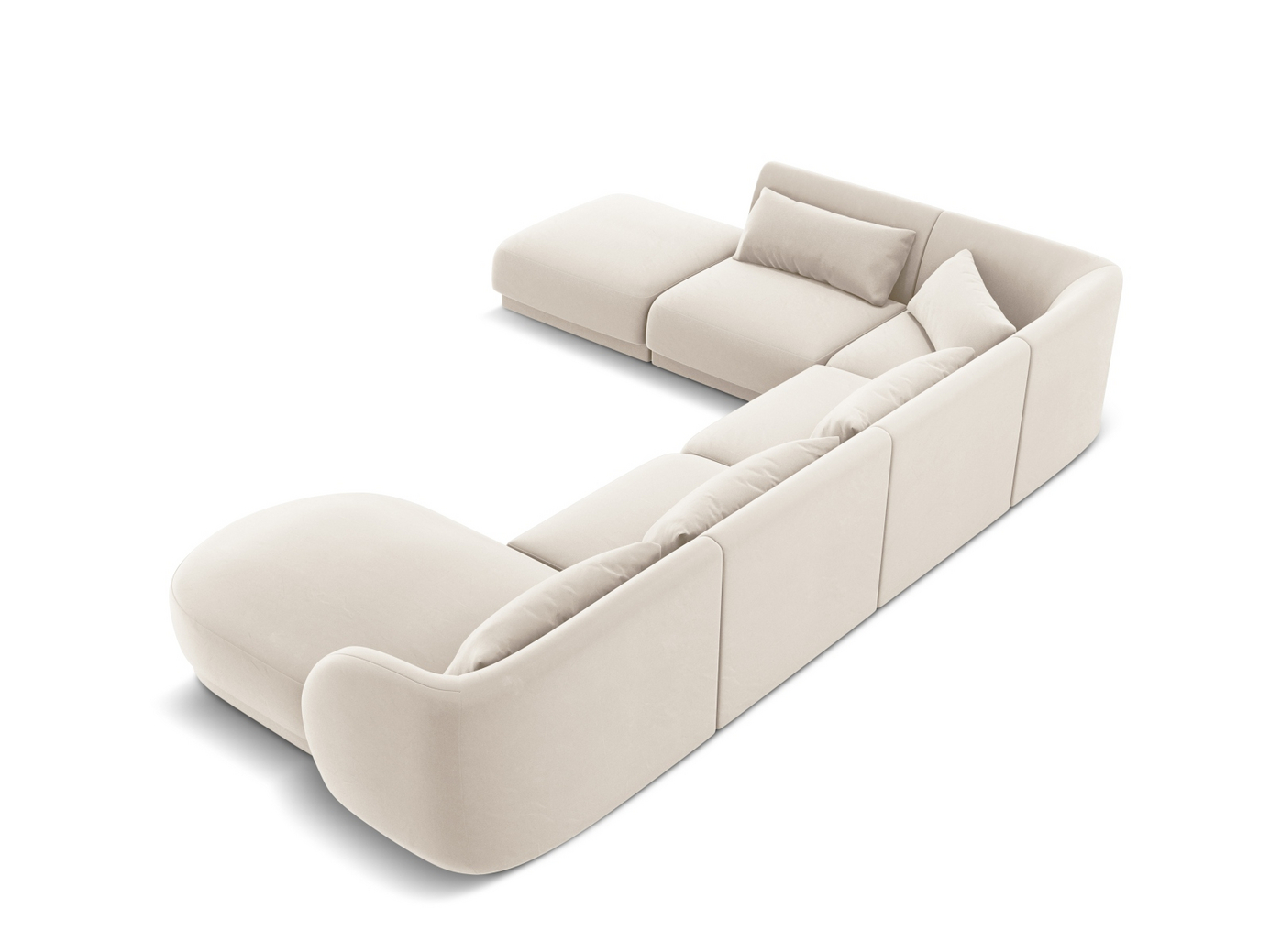 Cosmopolitan Design venstrevendt fløyelspanoramahjørnesofa, "Tulum", 6-seter, 330 × 255 × 70 cm, Bluvel, svarte plastben
