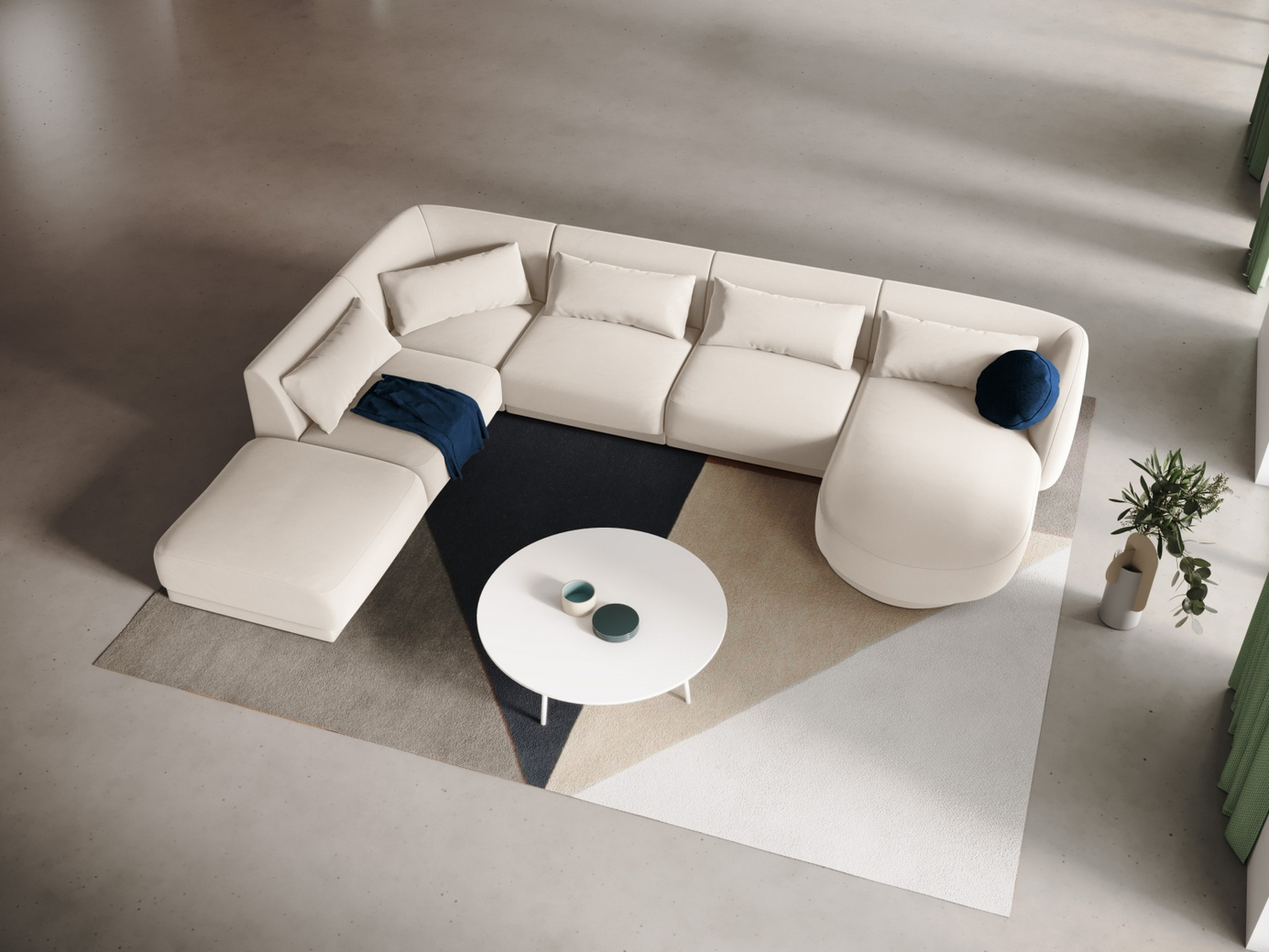 Cosmopolitan Design venstrevendt fløyelspanoramahjørnesofa, "Tulum", 6-seter, 330 × 255 × 70 cm, Bluvel, svarte plastben