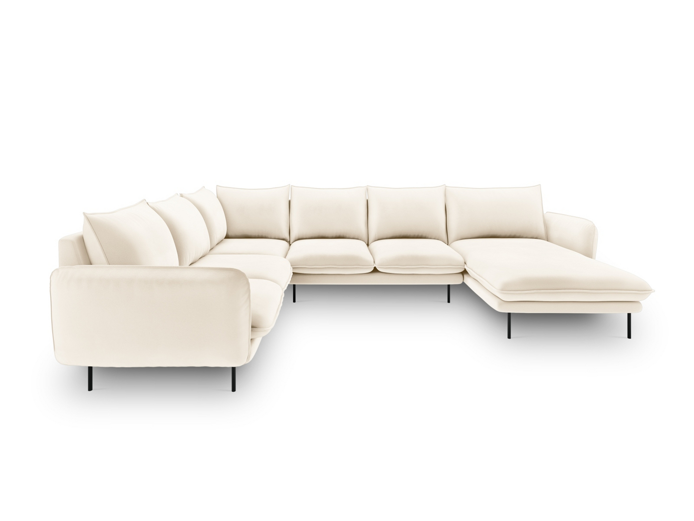 Cosmopolitan Design venstrevendt fløyelspanoramahjørnesofa, "Vienna", 7-seter, 330 × 235 × 95 cm, Bluvel, svarte metallben