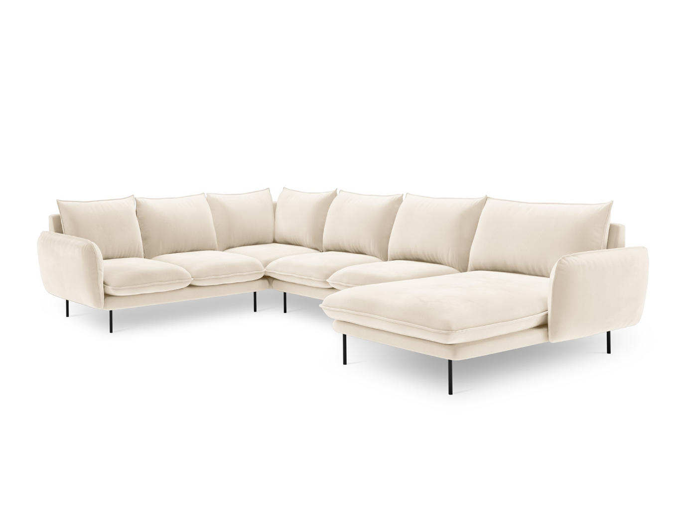 Cosmopolitan Design venstrevendt fløyelspanoramahjørnesofa, "Vienna", 7-seter, 330 × 235 × 95 cm, Bluvel, svarte metallben