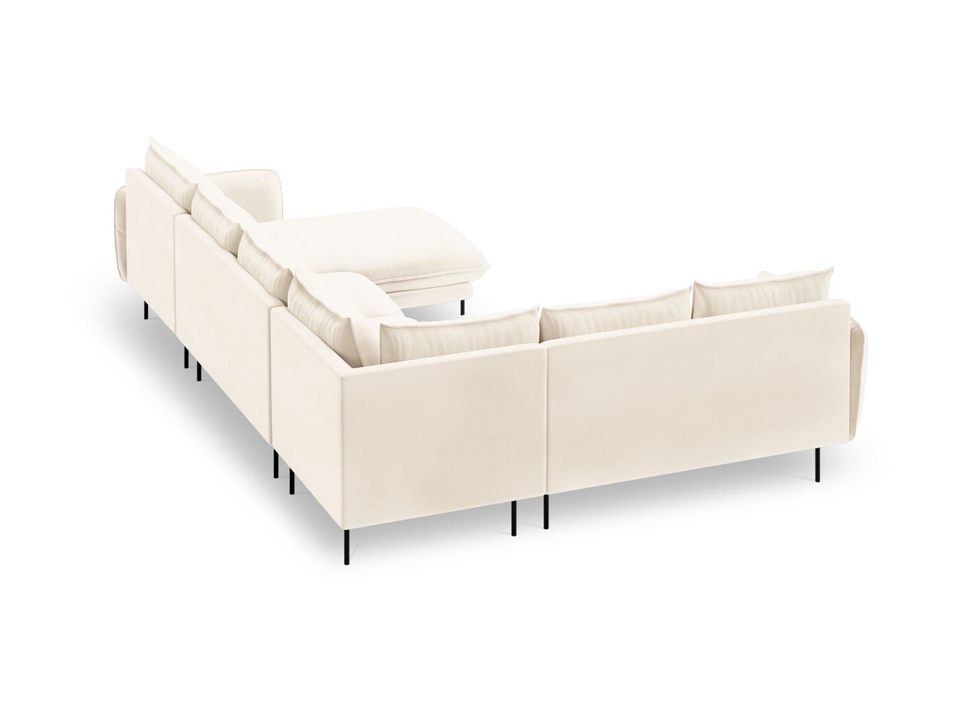 Cosmopolitan Design venstrevendt fløyelspanoramahjørnesofa, "Vienna", 7-seter, 330 × 235 × 95 cm, Bluvel, svarte metallben