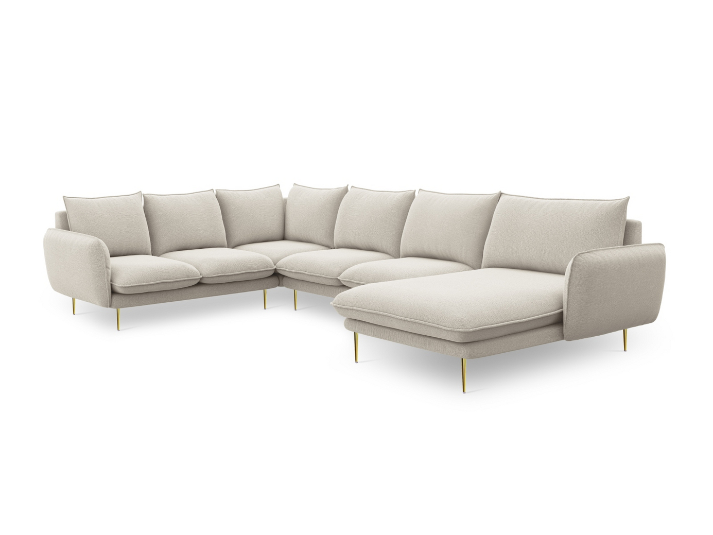 Cosmopolitan Design venstrevendt panoramahjørnesofa, "Vienna", 7-seter, 330 × 235 × 95 cm, Positano, gullfargede metallben