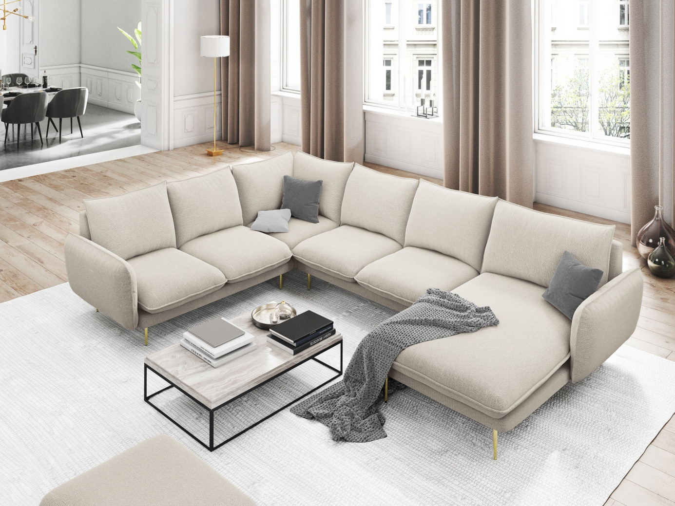 Cosmopolitan Design venstrevendt panoramahjørnesofa, "Vienna", 7-seter, 330 × 235 × 95 cm, Positano, gullfargede metallben