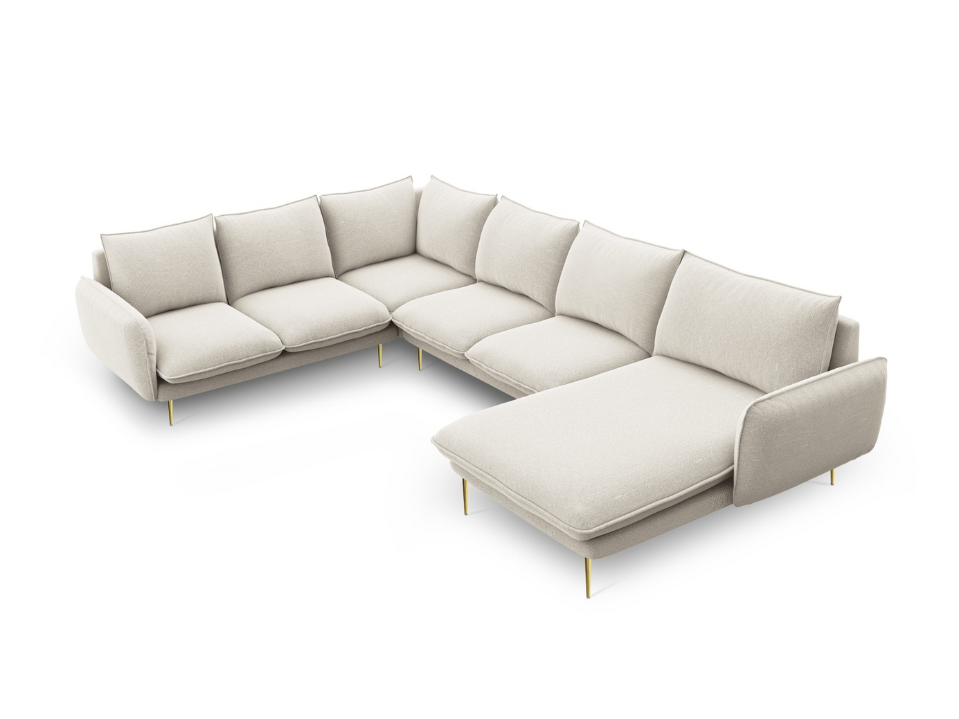 Cosmopolitan Design venstrevendt panoramahjørnesofa, "Vienna", 7-seter, 330 × 235 × 95 cm, Positano, gullfargede metallben