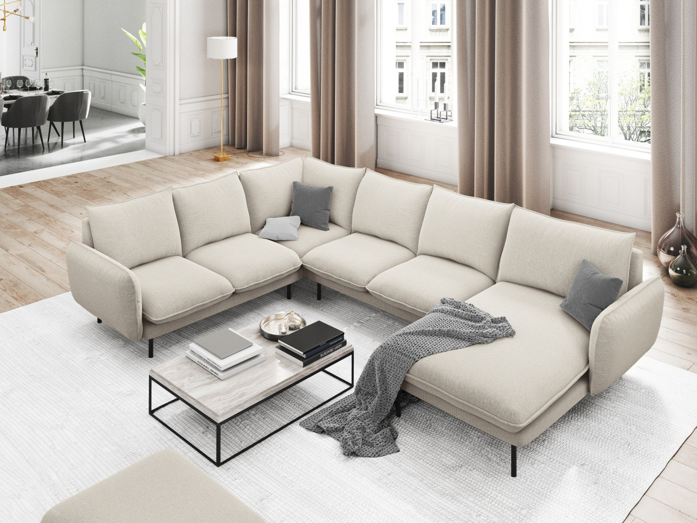Cosmopolitan Design venstrevendt panoramahjørnesofa, "Vienna", 7-seter, 330 × 235 × 95 cm, Positano, svarte metallben