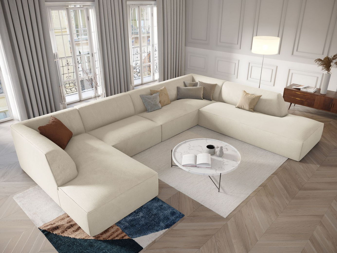 Cosmopolitan Design høyrevendt panoramahjørnesofa, "Siena", 7-seter, 366 × 273 × 69 cm, Scala, svarte plastben