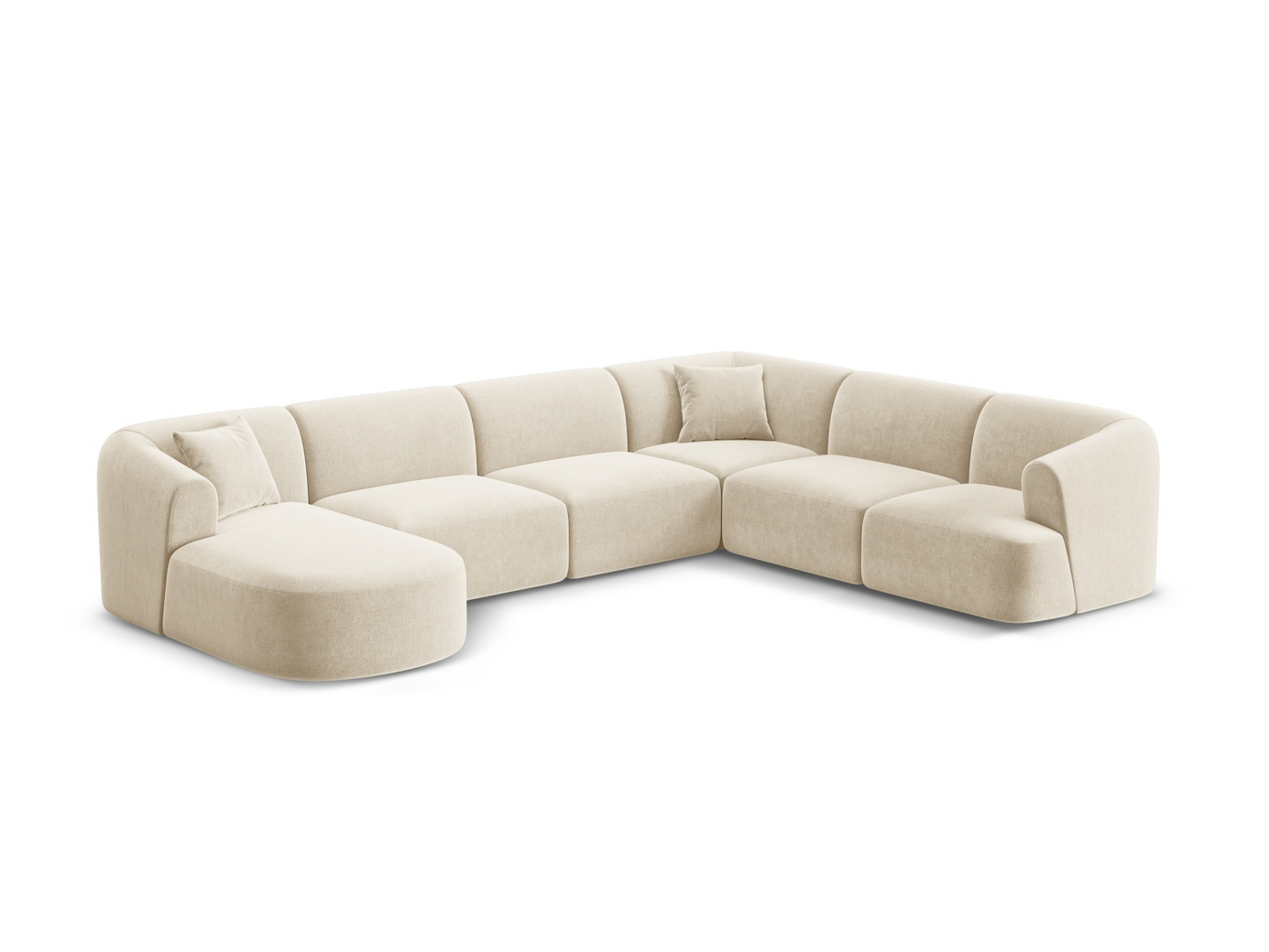 Cosmopolitan Design høyrevendt fløyelspanoramamodulhjørnesofa, "Campi", 7-seter, 330 × 255 × 70 cm, Vogue, svarte plastben