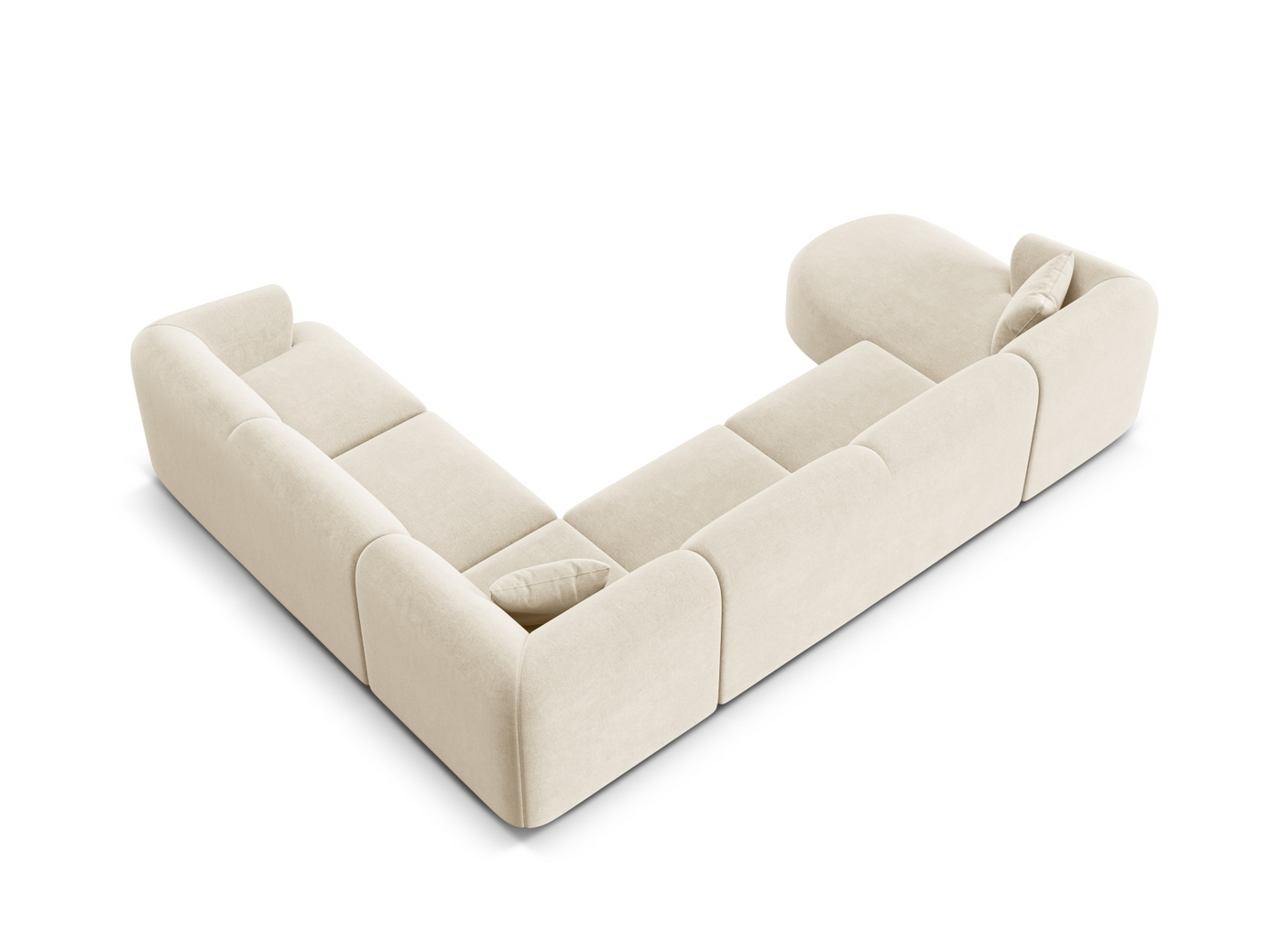 Cosmopolitan Design høyrevendt fløyelspanoramamodulhjørnesofa, "Campi", 7-seter, 330 × 255 × 70 cm, Vogue, svarte plastben