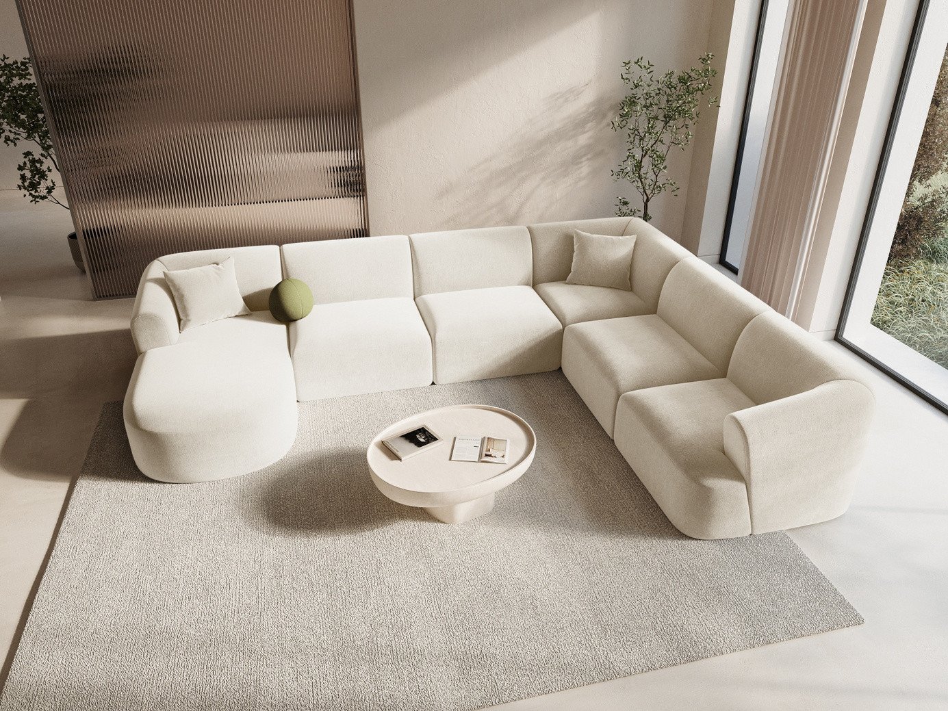 Cosmopolitan Design høyrevendt fløyelspanoramamodulhjørnesofa, "Campi", 7-seter, 330 × 255 × 70 cm, Vogue, svarte plastben