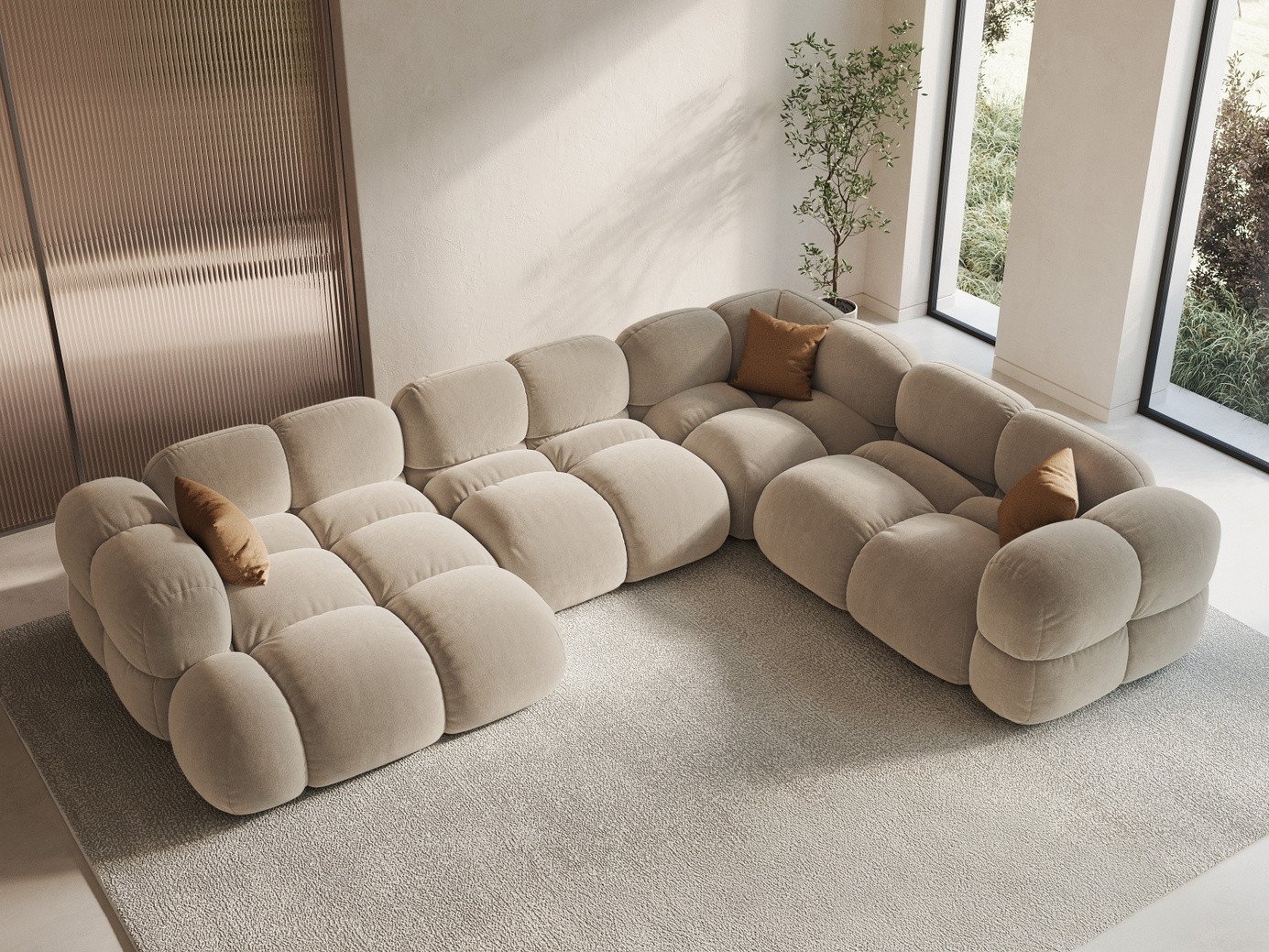 Cosmopolitan Design høyrevendt fløyelspanoramahjørnesofa, "Loretto", 5-seter, 345 × 250 × 68 cm, Vogue, svarte plastben