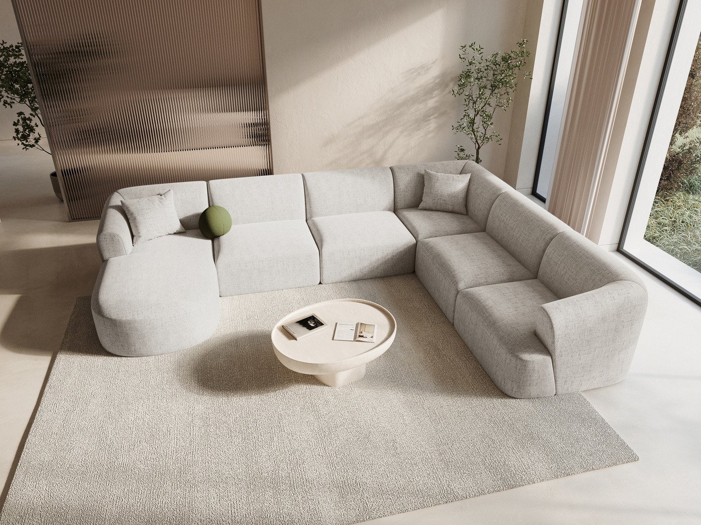 Cosmopolitan Design høyrevendt panoramamodulhjørnesofa, "Campi", 7-seter, 330 × 255 × 70 cm, Moly, svarte plastben