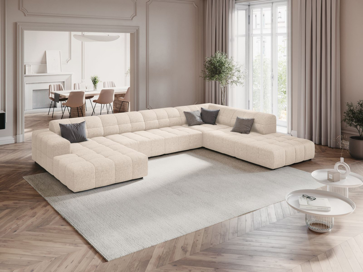 Cosmopolitan Design høyrevendt panoramahjørnesofa, "Chicago", 7-seter, 375 × 263 × 78 cm, Haga, svarte plastben