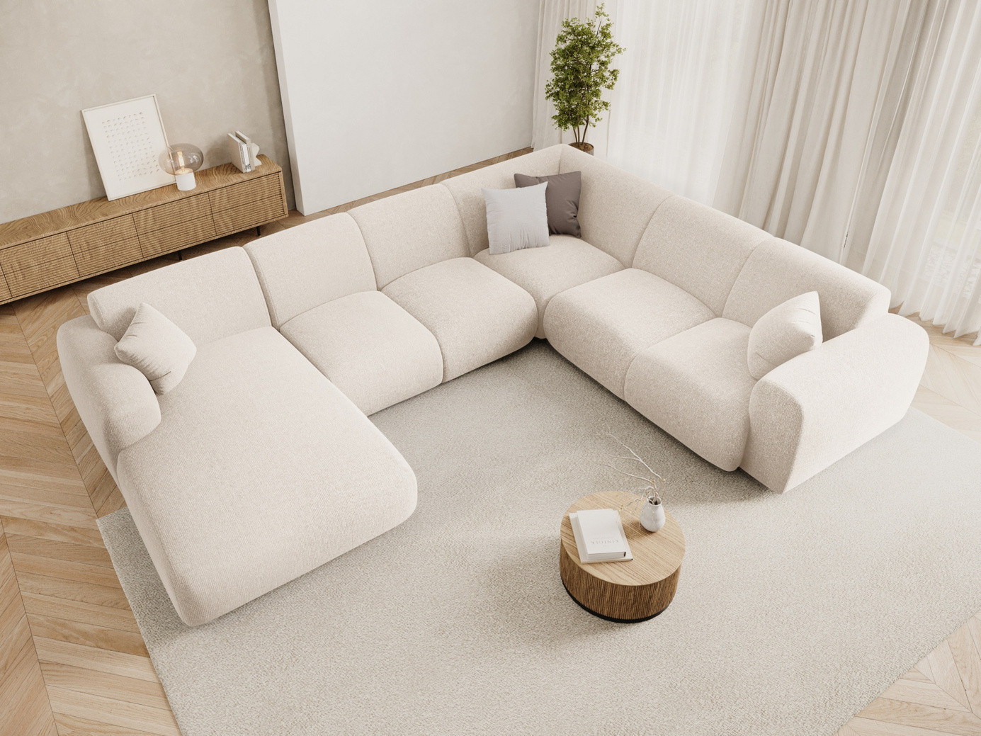 Cosmopolitan Design høyrevendt panoramahjørnesofa, "Nolio", 6-seter, 342 × 252 × 72 cm, Haga, svarte plastben