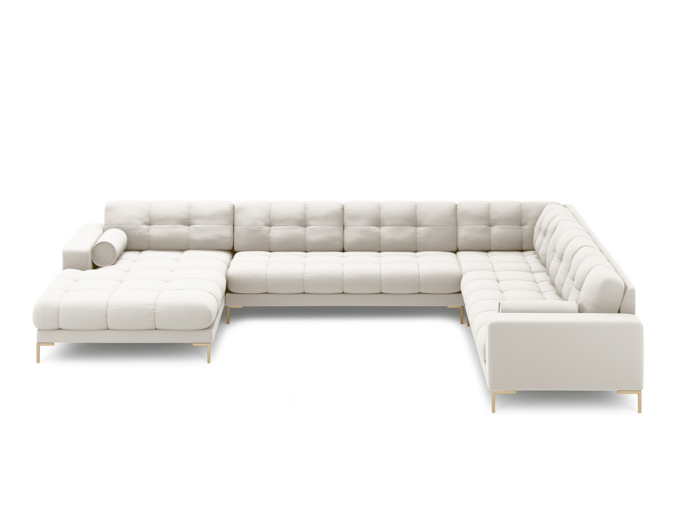 Cosmopolitan Design høyrevendt panoramahjørnesofa, "Bali", 7-seter, 327 × 256 × 75 cm, Neve, gullfargede metallben