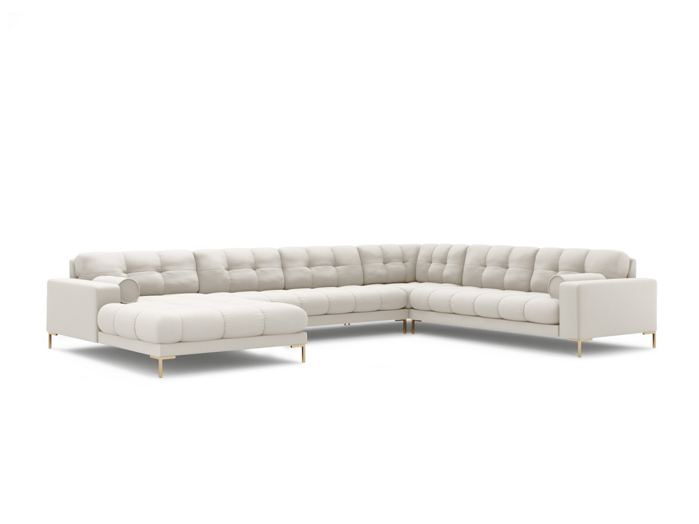 Cosmopolitan Design høyrevendt panoramahjørnesofa, "Bali", 7-seter, 327 × 256 × 75 cm, Neve, gullfargede metallben