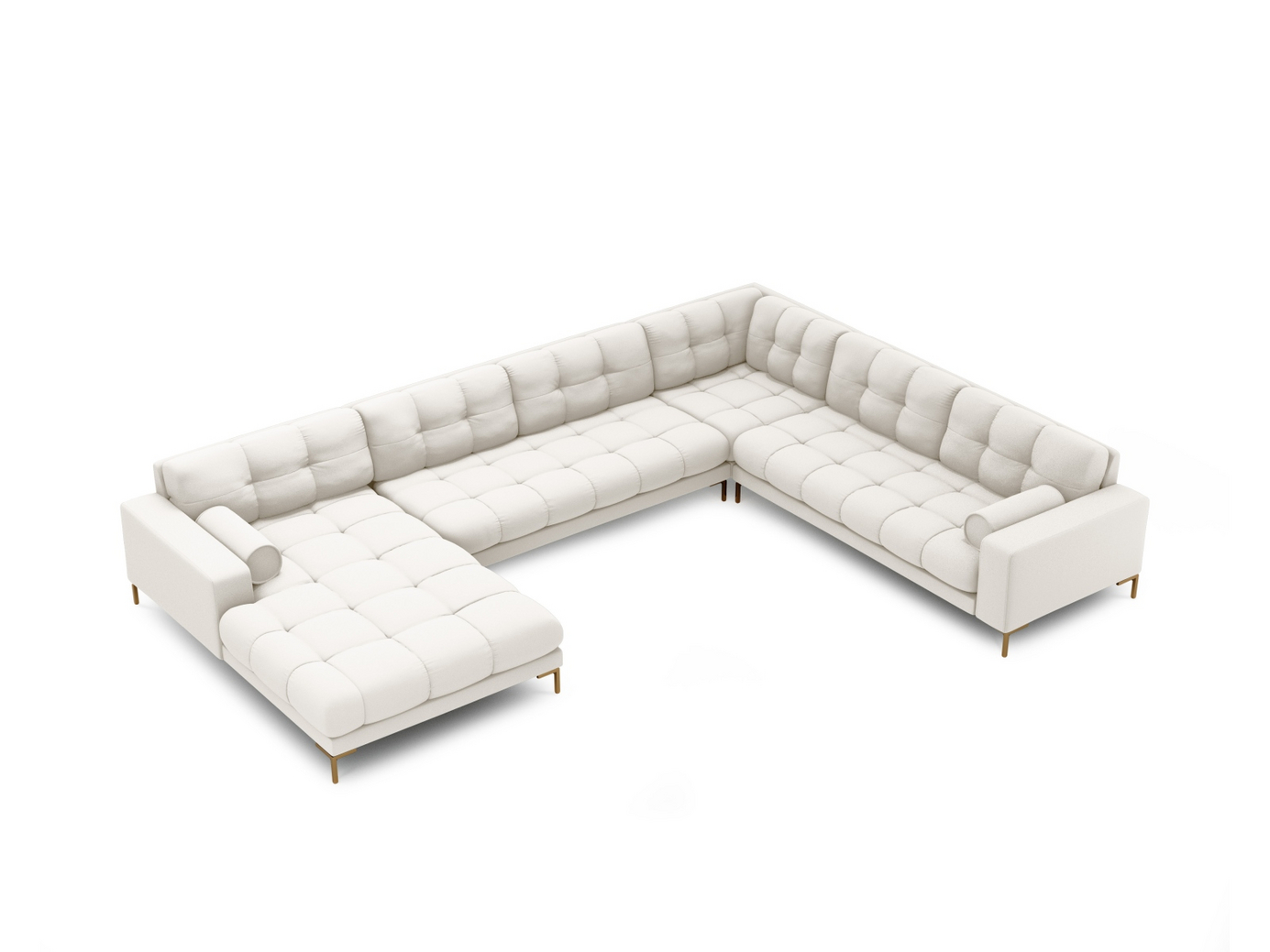 Cosmopolitan Design høyrevendt panoramahjørnesofa, "Bali", 7-seter, 327 × 256 × 75 cm, Neve, gullfargede metallben