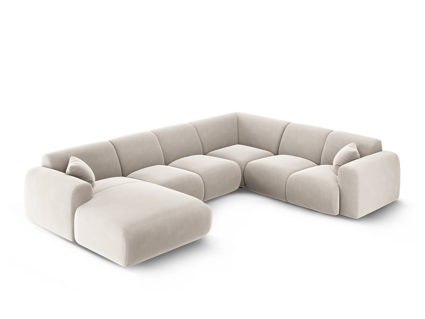 Cosmopolitan Design høyrevendt fløyelspanoramahjørnesofa, "Nolio", 6-seter, 342 × 252 × 72 cm, Casino, svarte plastben
