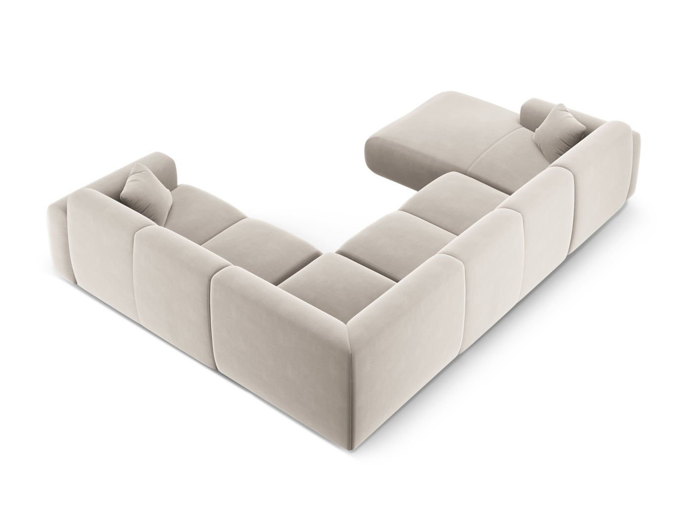 Cosmopolitan Design høyrevendt fløyelspanoramahjørnesofa, "Nolio", 6-seter, 342 × 252 × 72 cm, Casino, svarte plastben