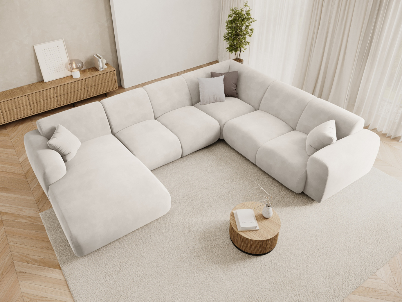 Cosmopolitan Design høyrevendt fløyelspanoramahjørnesofa, "Nolio", 6-seter, 342 × 252 × 72 cm, Casino, svarte plastben