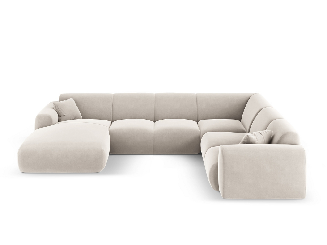 Cosmopolitan Design høyrevendt fløyelspanoramahjørnesofa, "Nolio", 6-seter, 342 × 252 × 72 cm, Casino, svarte plastben