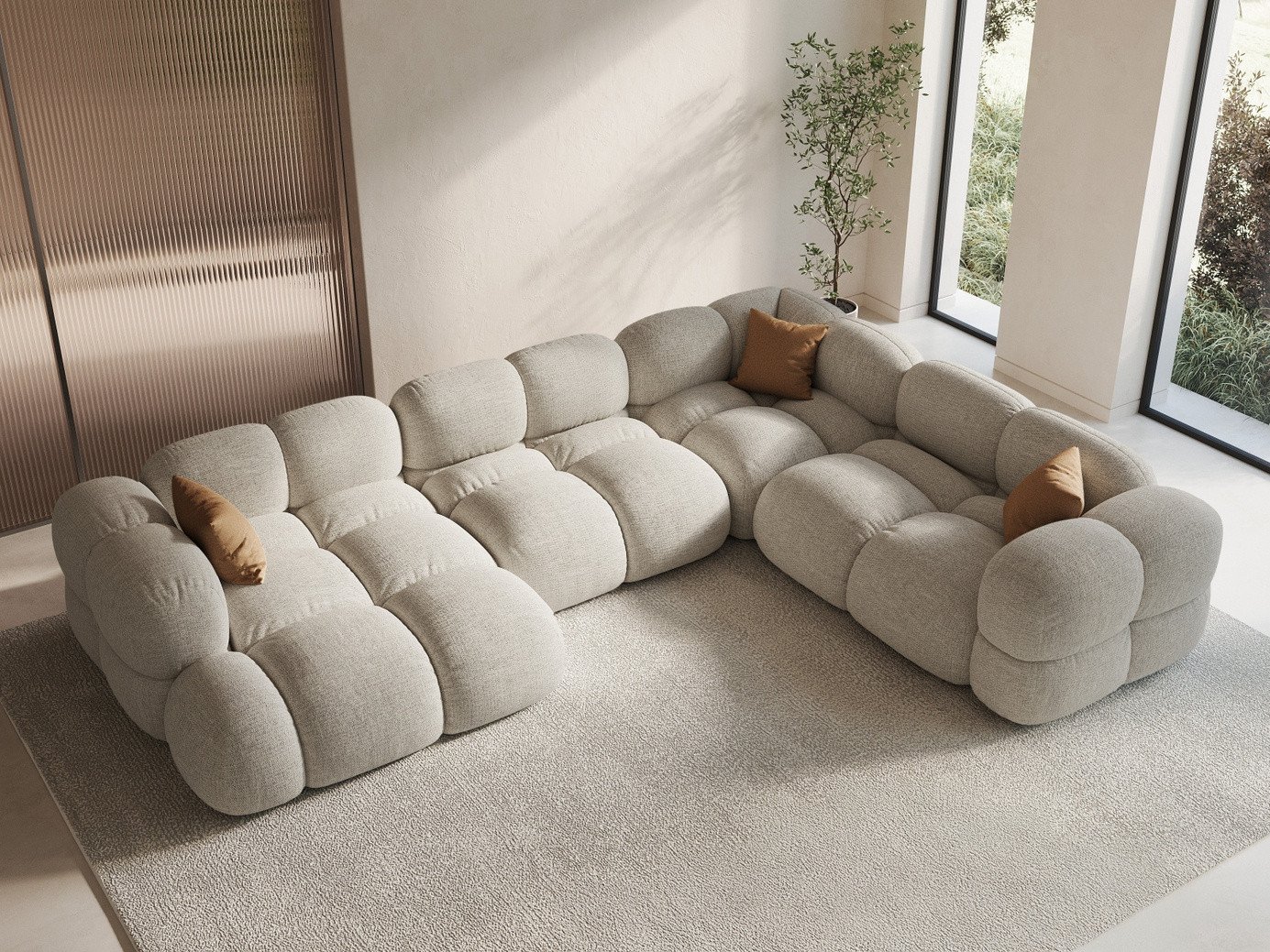Cosmopolitan Design høyrevendt panoramahjørnesofa, "Loretto", 5-seter, 345 × 250 × 68 cm, Sorella, svarte plastben