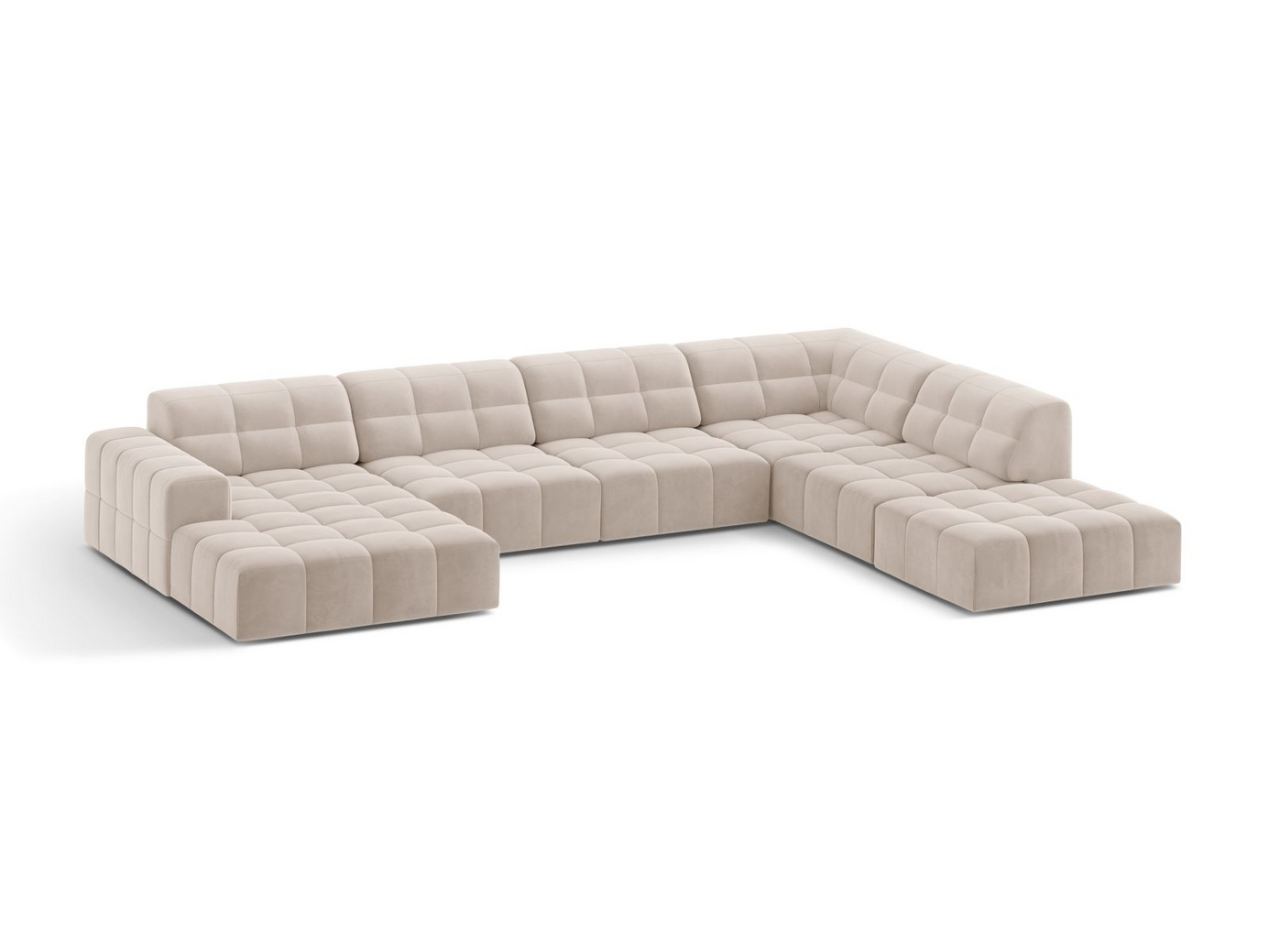 Cosmopolitan Design høyrevendt fløyelspanoramahjørnesofa, "Chicago", 7-seter, 375 × 263 × 78 cm, Venus, svarte plastben