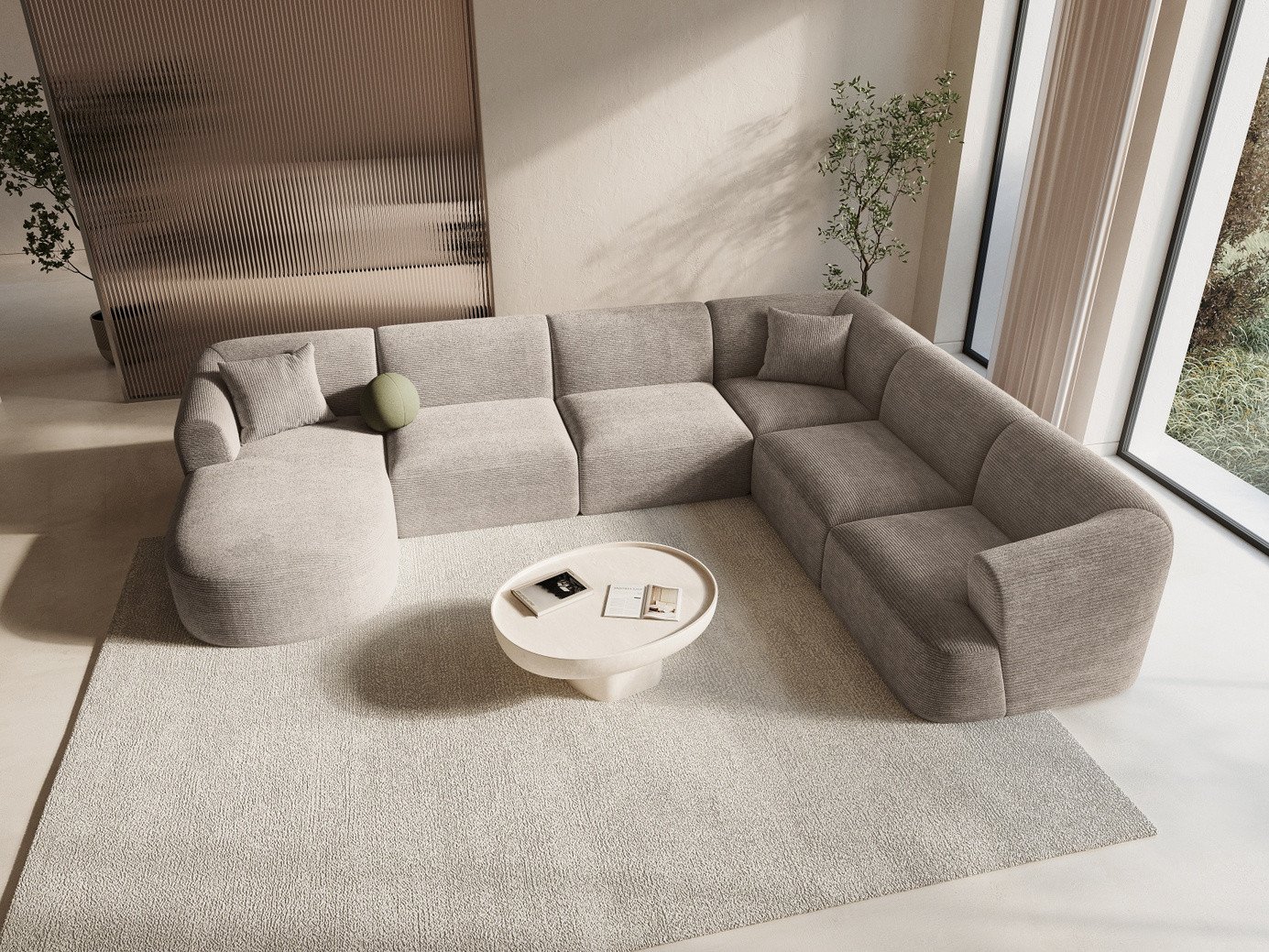 Cosmopolitan Design høyrevendt panoramamodulhjørnesofa, "Campi", 7-seter, 330 × 255 × 70 cm, Lincoln, svarte plastben