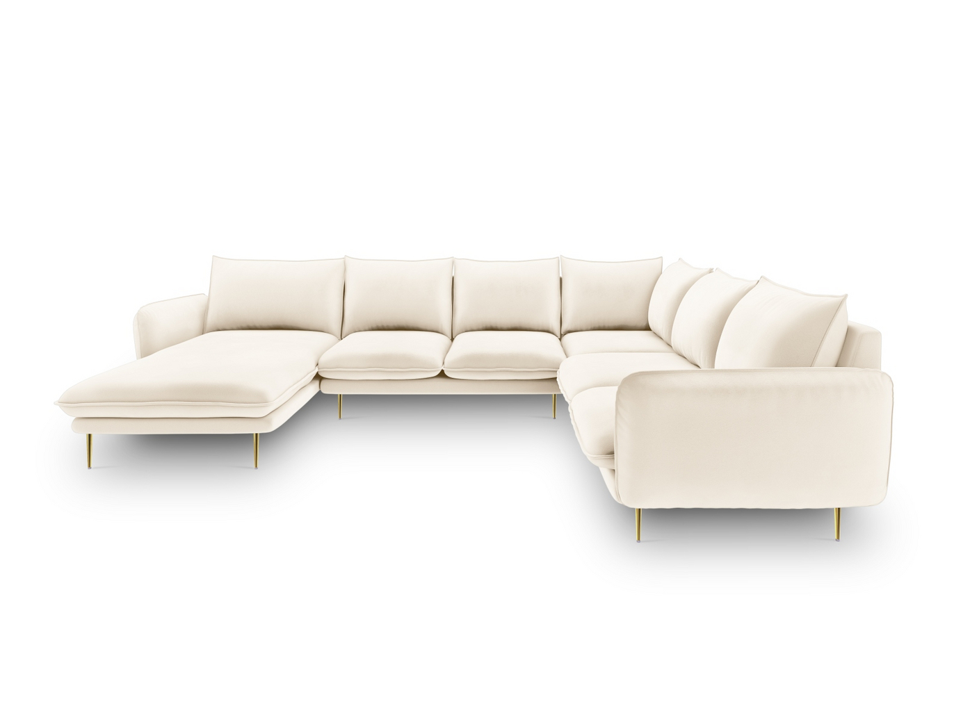 Cosmopolitan Design høyrevendt fløyelspanoramahjørnesofa, "Vienna", 7-seter, 330 × 235 × 95 cm, Bluvel, gullfargede metallben