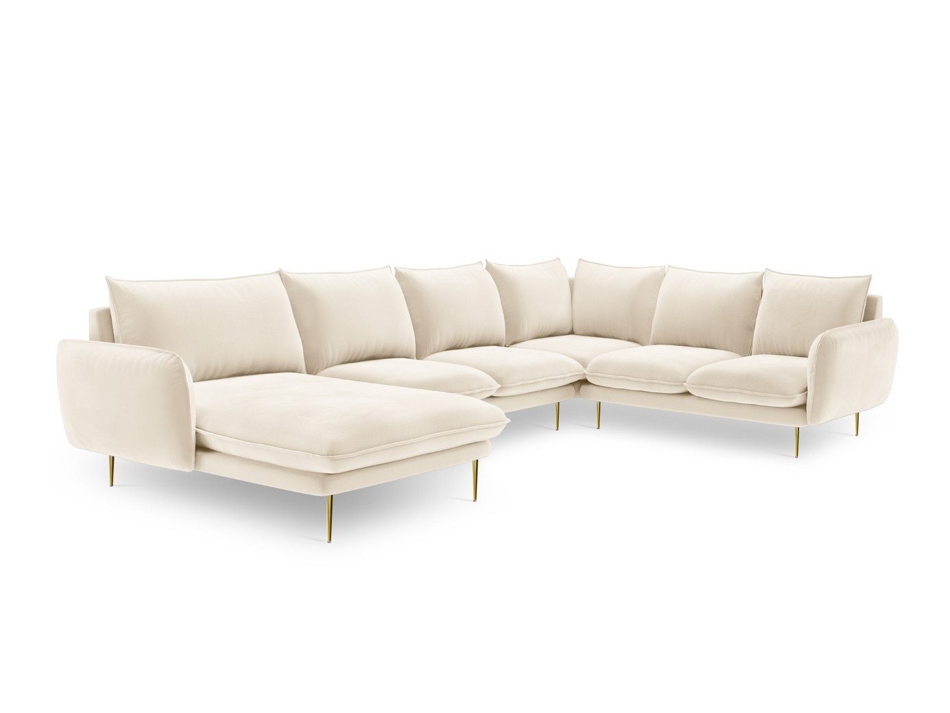 Cosmopolitan Design høyrevendt fløyelspanoramahjørnesofa, "Vienna", 7-seter, 330 × 235 × 95 cm, Bluvel, gullfargede metallben