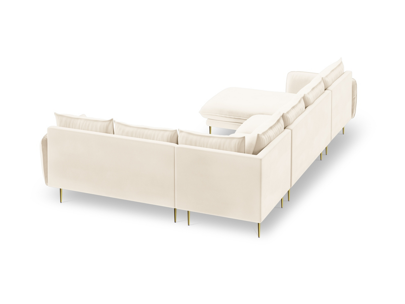 Cosmopolitan Design høyrevendt fløyelspanoramahjørnesofa, "Vienna", 7-seter, 330 × 235 × 95 cm, Bluvel, gullfargede metallben