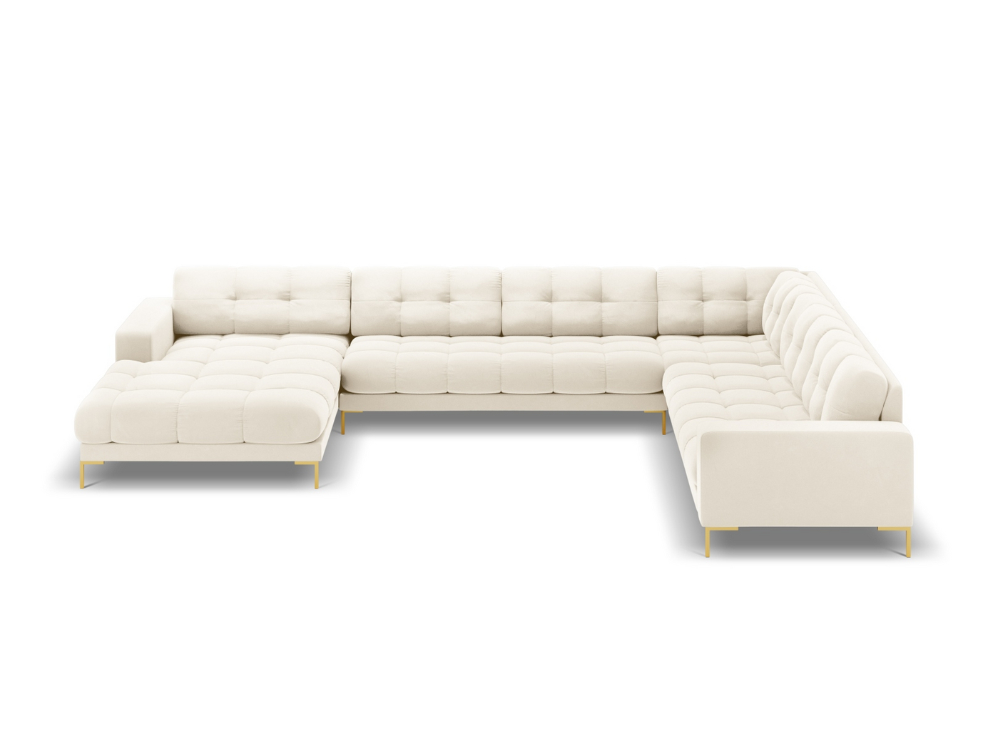 Cosmopolitan Design høyrevendt fløyelspanoramahjørnesofa, "Bali", 7-seter, 327 × 256 × 75 cm, Bluvel, gullfargede metallben
