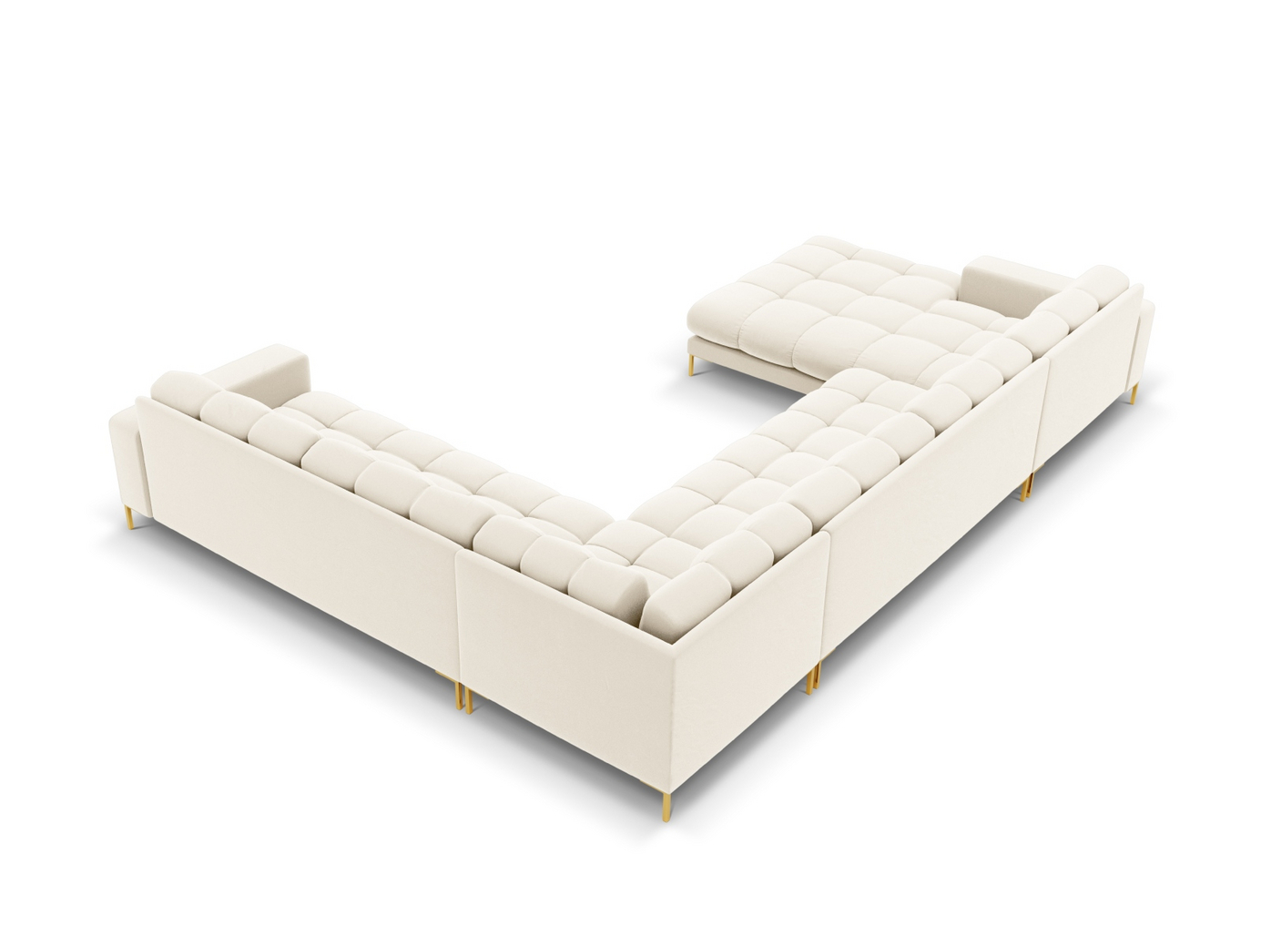 Cosmopolitan Design høyrevendt fløyelspanoramahjørnesofa, "Bali", 7-seter, 327 × 256 × 75 cm, Bluvel, gullfargede metallben