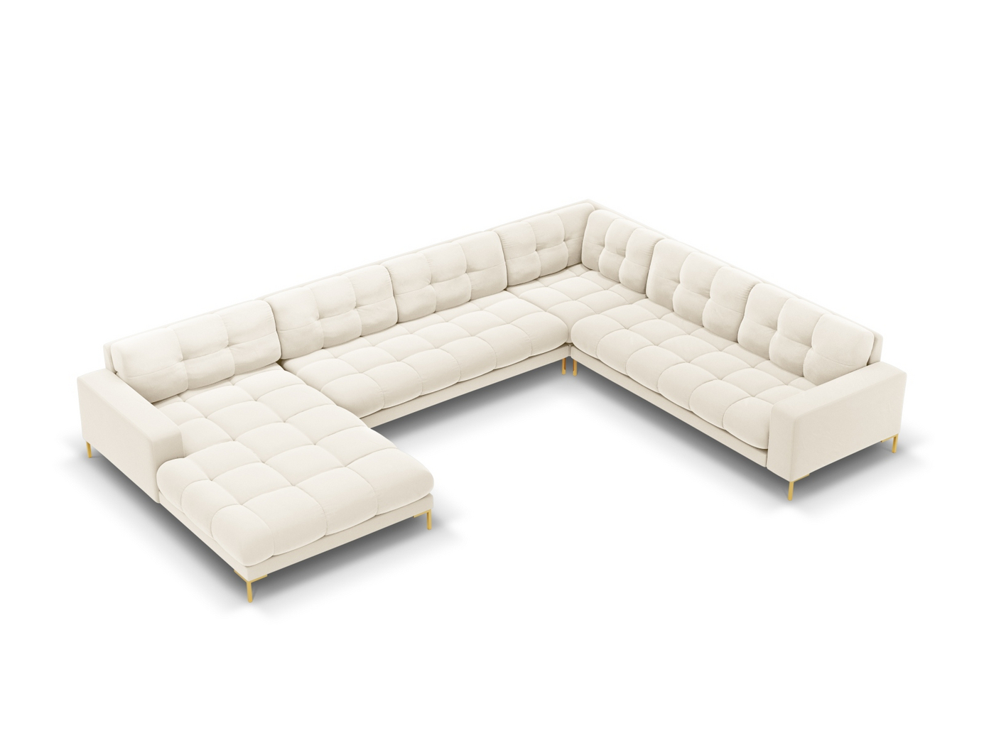 Cosmopolitan Design høyrevendt fløyelspanoramahjørnesofa, "Bali", 7-seter, 327 × 256 × 75 cm, Bluvel, gullfargede metallben