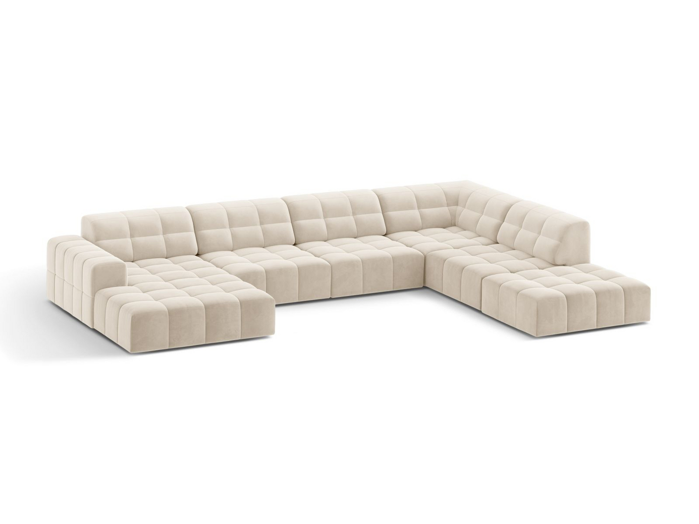 Cosmopolitan Design høyrevendt fløyelspanoramahjørnesofa, "Chicago", 7-seter, 375 × 263 × 78 cm, Bluvel, svarte plastben