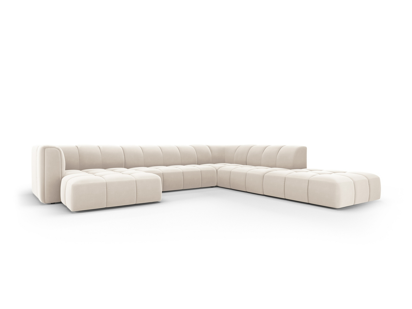 Cosmopolitan Design høyrevendt fløyelspanoramamodulhjørnesofa, "Moritz", 7-seter, 329 × 276 × 70 cm, Bluvel, svarte plastben