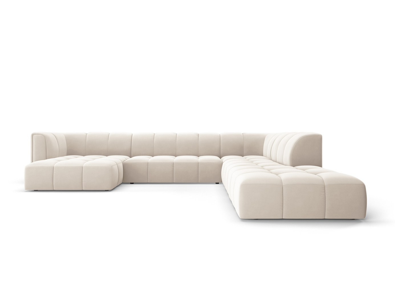 Cosmopolitan Design høyrevendt fløyelspanoramamodulhjørnesofa, "Moritz", 7-seter, 329 × 276 × 70 cm, Bluvel, svarte plastben