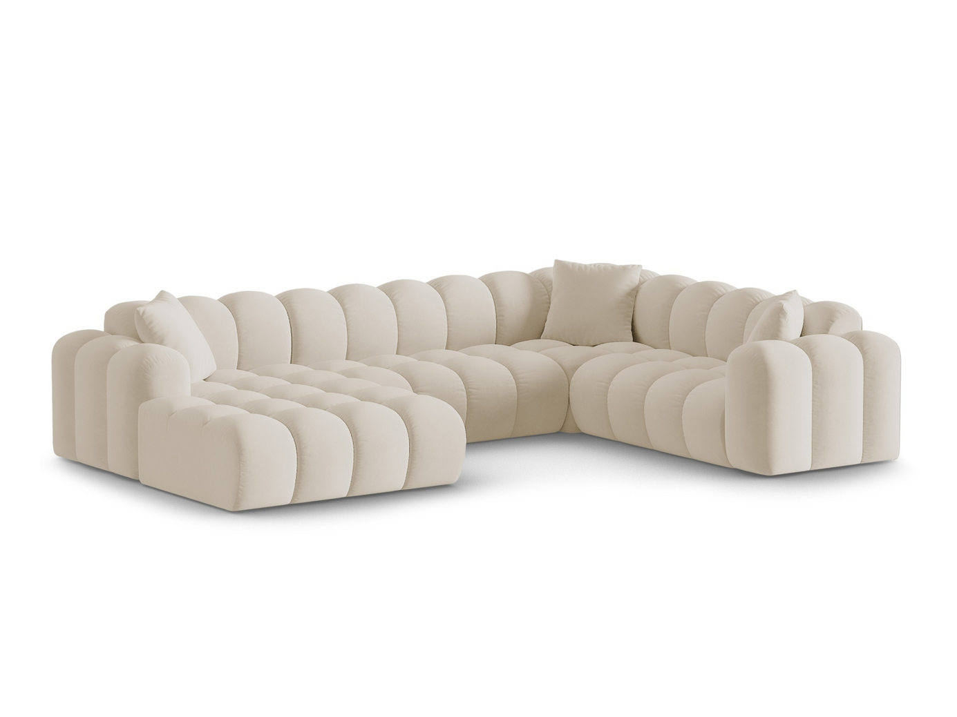 Cosmopolitan Design høyrevendt fløyelspanoramahjørnesofa, "Treno", 4-seter, 330 × 240 × 70 cm, Bluvel, svarte plastben