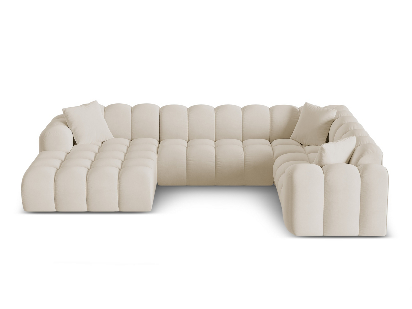 Cosmopolitan Design høyrevendt fløyelspanoramahjørnesofa, "Treno", 4-seter, 330 × 240 × 70 cm, Bluvel, svarte plastben