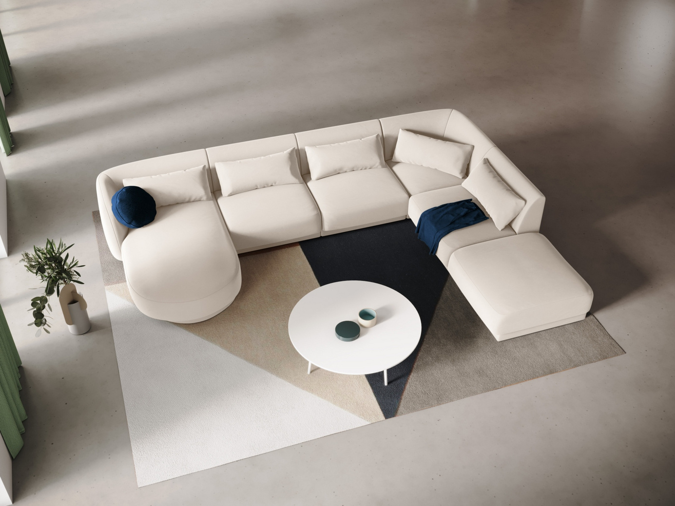 Cosmopolitan Design høyrevendt fløyelspanoramahjørnesofa, "Tulum", 6-seter, 330 × 255 × 70 cm, Bluvel, svarte plastben