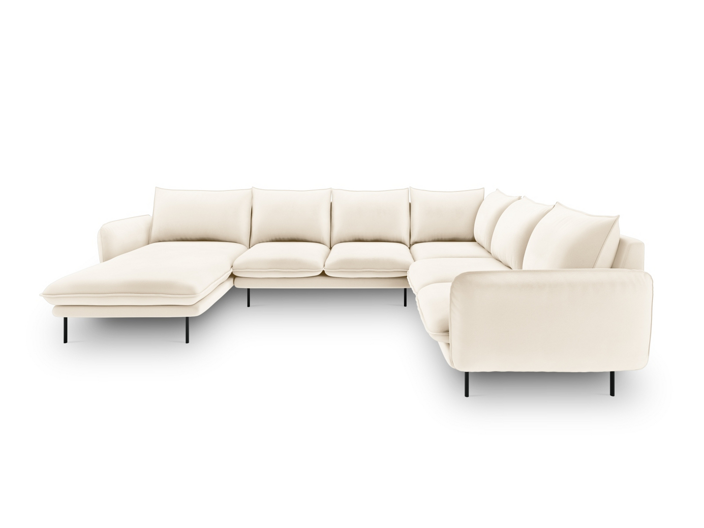 Cosmopolitan Design høyrevendt fløyelspanoramahjørnesofa, "Vienna", 7-seter, 330 × 235 × 95 cm, Bluvel, svarte metallben
