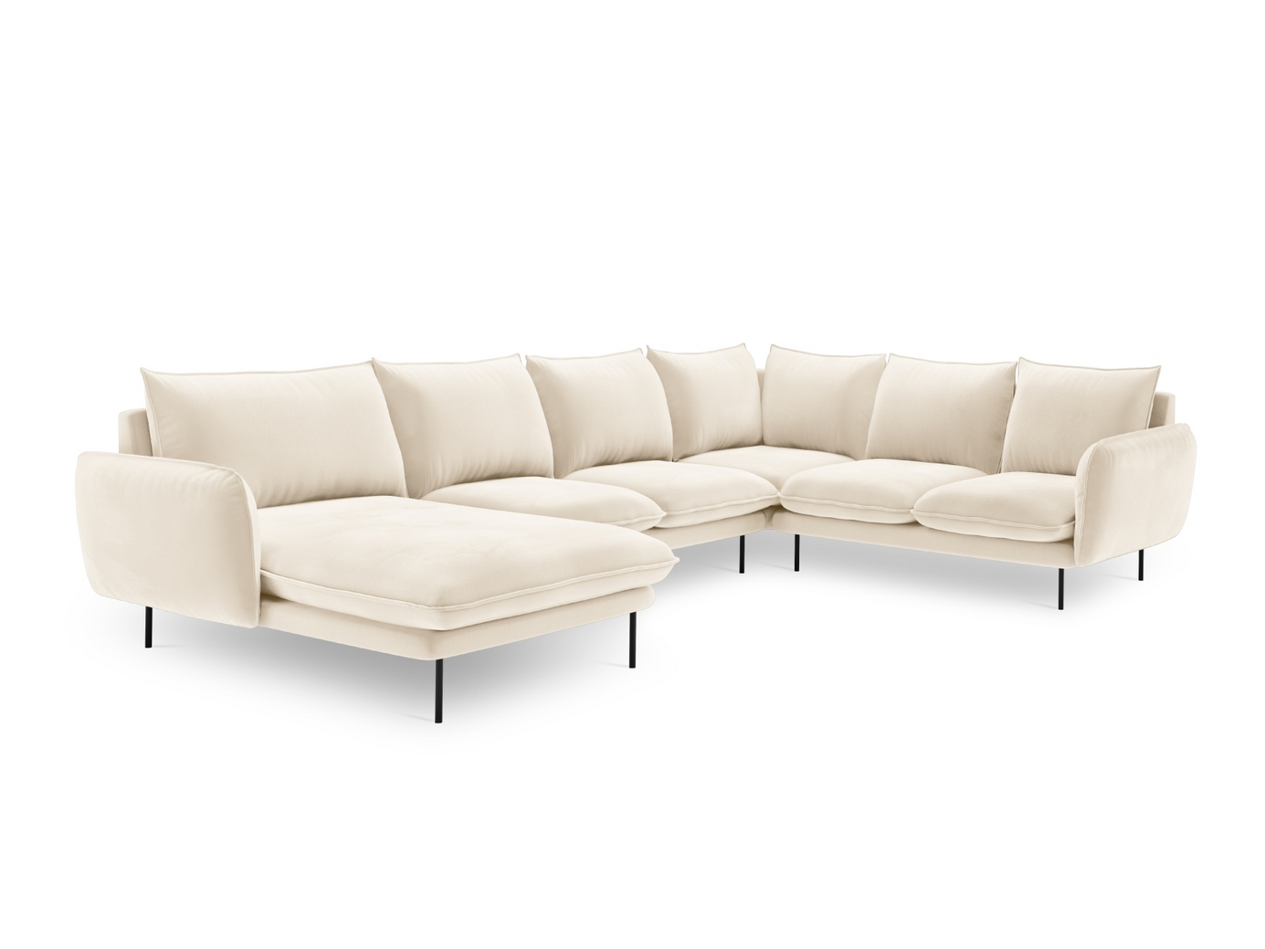 Cosmopolitan Design høyrevendt fløyelspanoramahjørnesofa, "Vienna", 7-seter, 330 × 235 × 95 cm, Bluvel, svarte metallben
