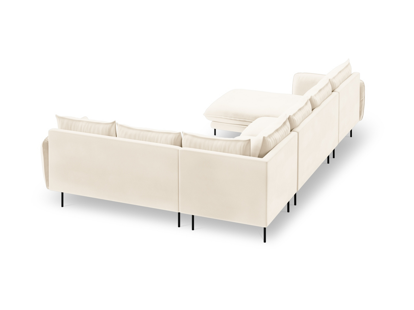 Cosmopolitan Design høyrevendt fløyelspanoramahjørnesofa, "Vienna", 7-seter, 330 × 235 × 95 cm, Bluvel, svarte metallben
