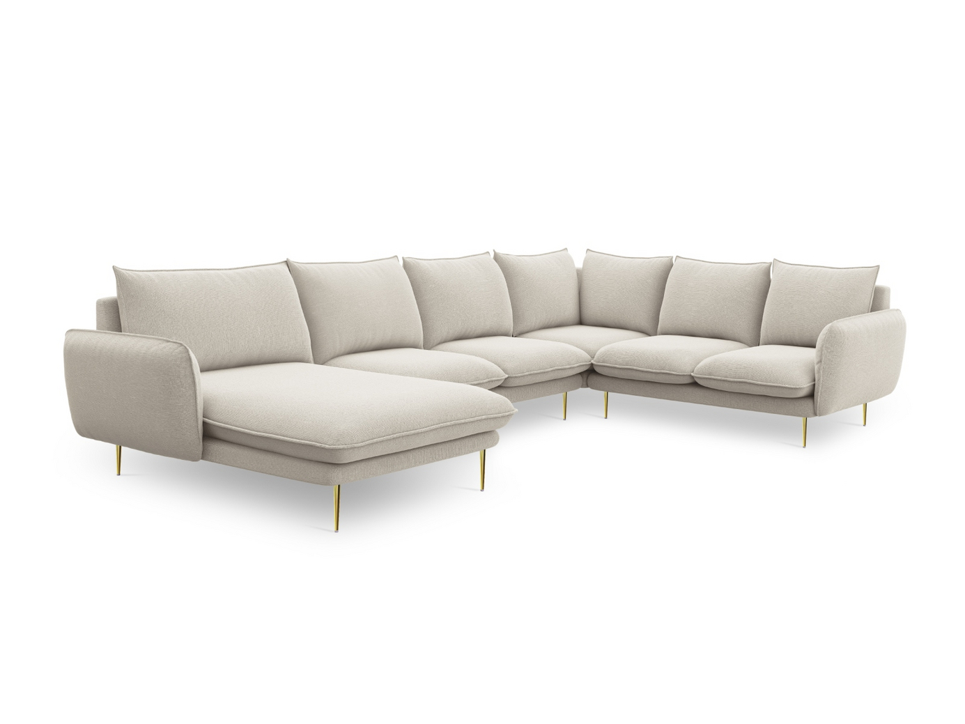 Cosmopolitan Design høyrevendt panoramahjørnesofa, "Vienna", 7-seter, 330 × 235 × 95 cm, Positano, gullfargede metallben