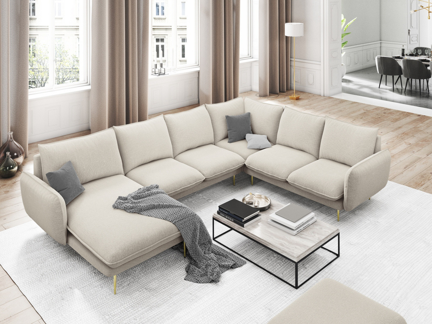 Cosmopolitan Design høyrevendt panoramahjørnesofa, "Vienna", 7-seter, 330 × 235 × 95 cm, Positano, gullfargede metallben