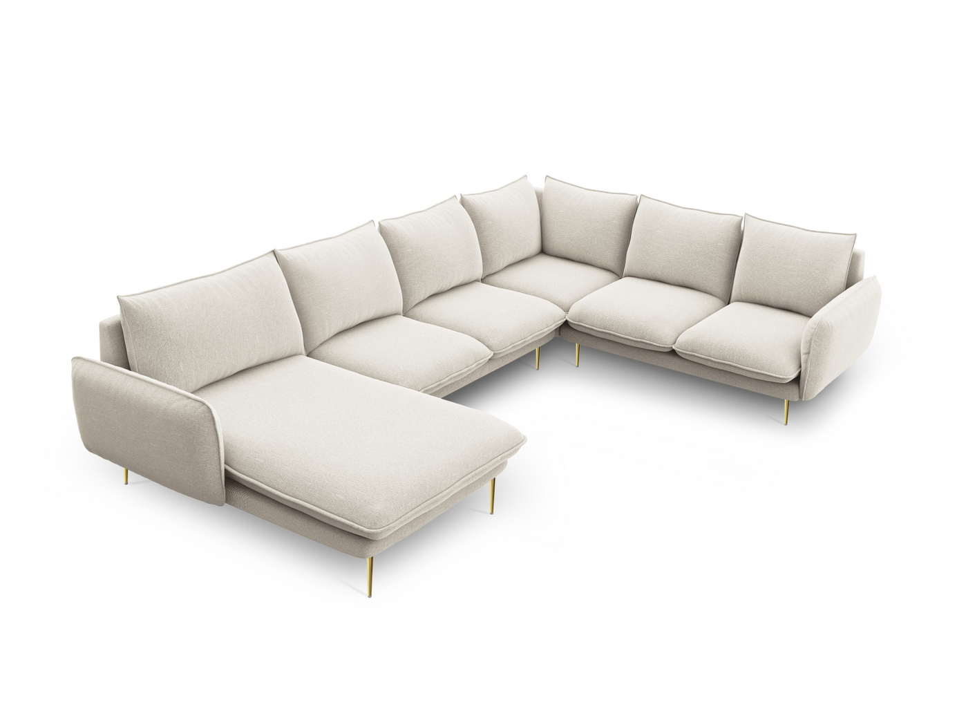Cosmopolitan Design høyrevendt panoramahjørnesofa, "Vienna", 7-seter, 330 × 235 × 95 cm, Positano, gullfargede metallben