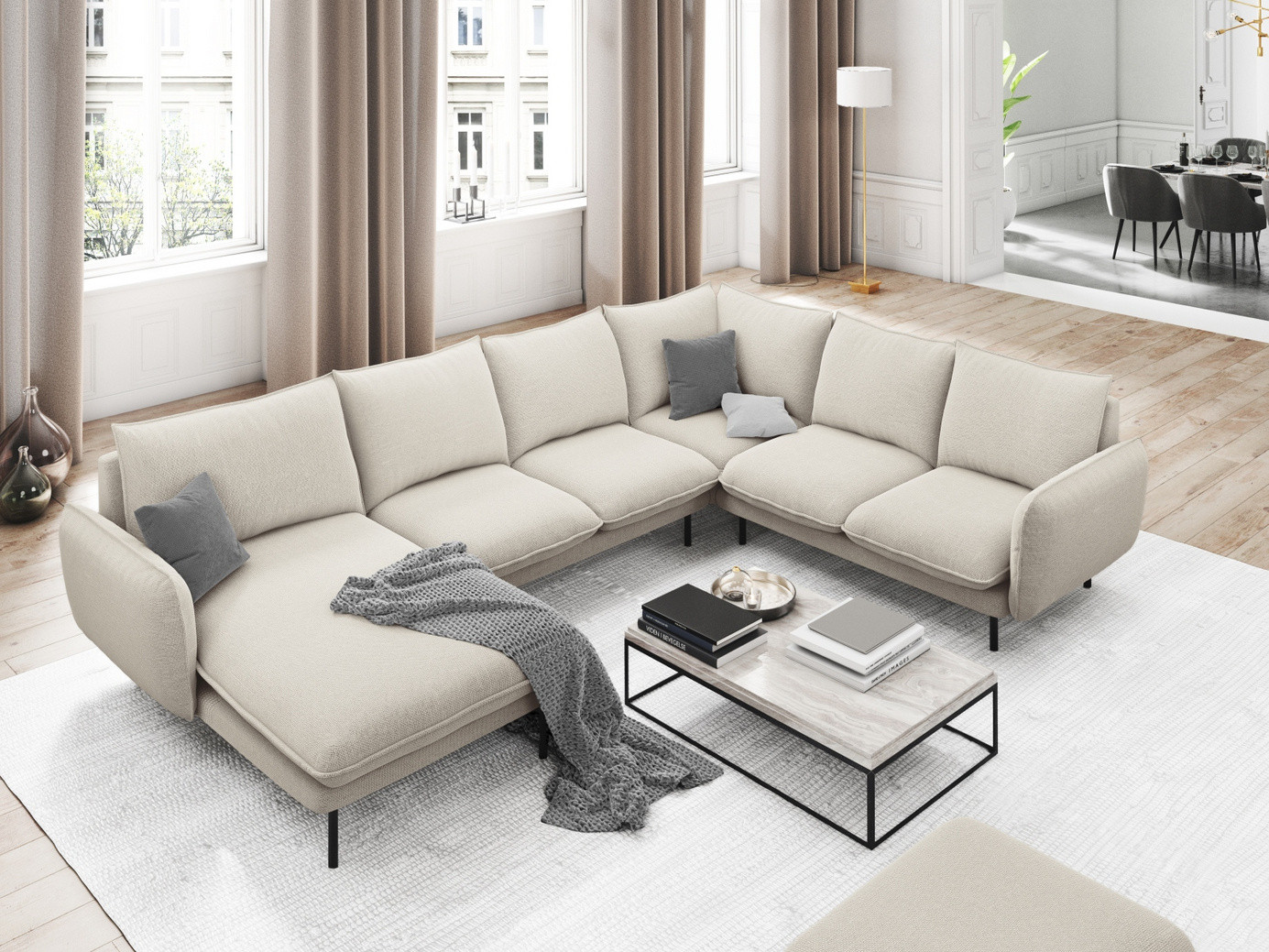 Cosmopolitan Design høyrevendt panoramahjørnesofa, "Vienna", 7-seter, 330 × 235 × 95 cm, Positano, svarte metallben