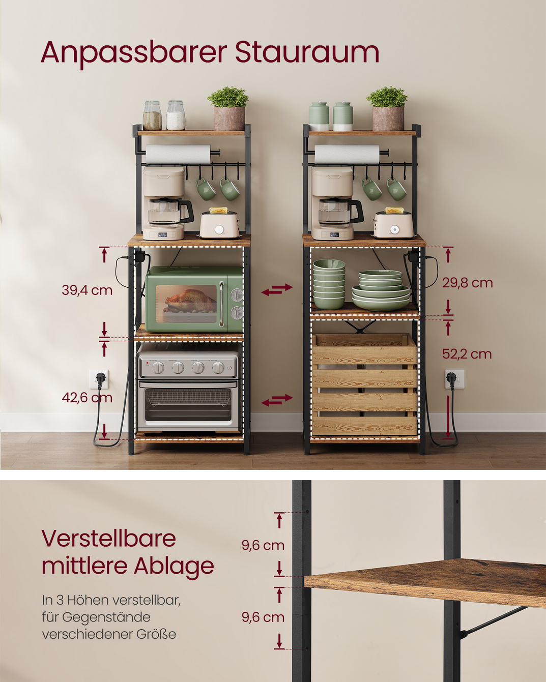 VASAGLE kjøkkenhylle, 4 nivåer, justerbar, 40 × 45 × 140 cm, KKS013