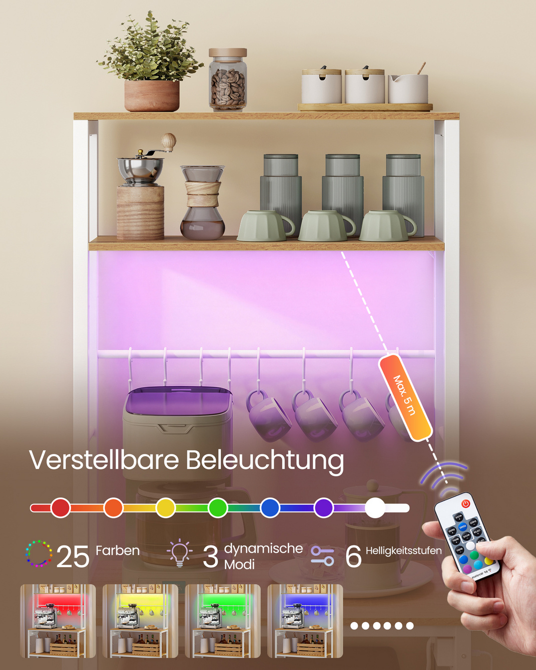 VASAGLE kjøkkenhylle, med stikkontakt, med LED-belysning, justerbar, 40 × 60 × 168.4 cm, KKS049