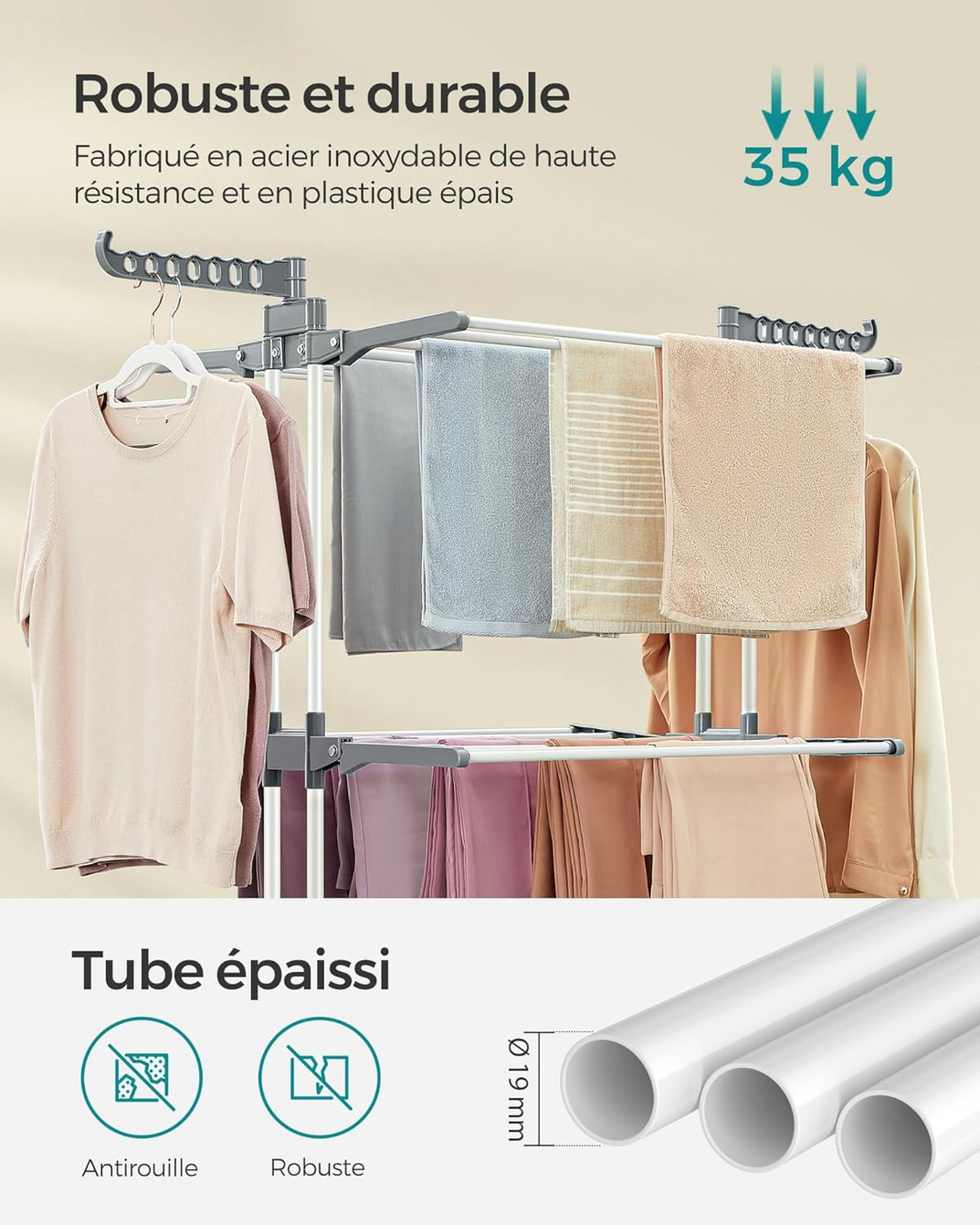 SONGMICS sammenleggbart tørkestativ, med hjul, 63.5 × 128 × 173 cm, LLR701